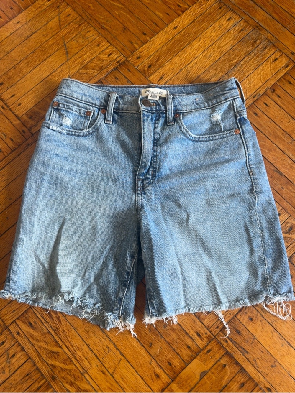 Madewell High Rise Distressed Denim Shorts Medium Wash Raw Hem